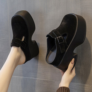 不累脚厚底勃肯鞋女增高11cm超高跟无后跟小众坡跟包头半拖鞋百搭
