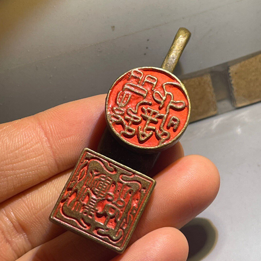 古玩杂项收藏仿古龙龟印纯铜印章书房客厅家居铜龙龟双印桌面摆件