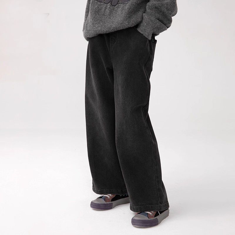 儿童一体绒素版简约直筒裤女孩春秋冬季韩版牛仔裤中大童休闲长裤