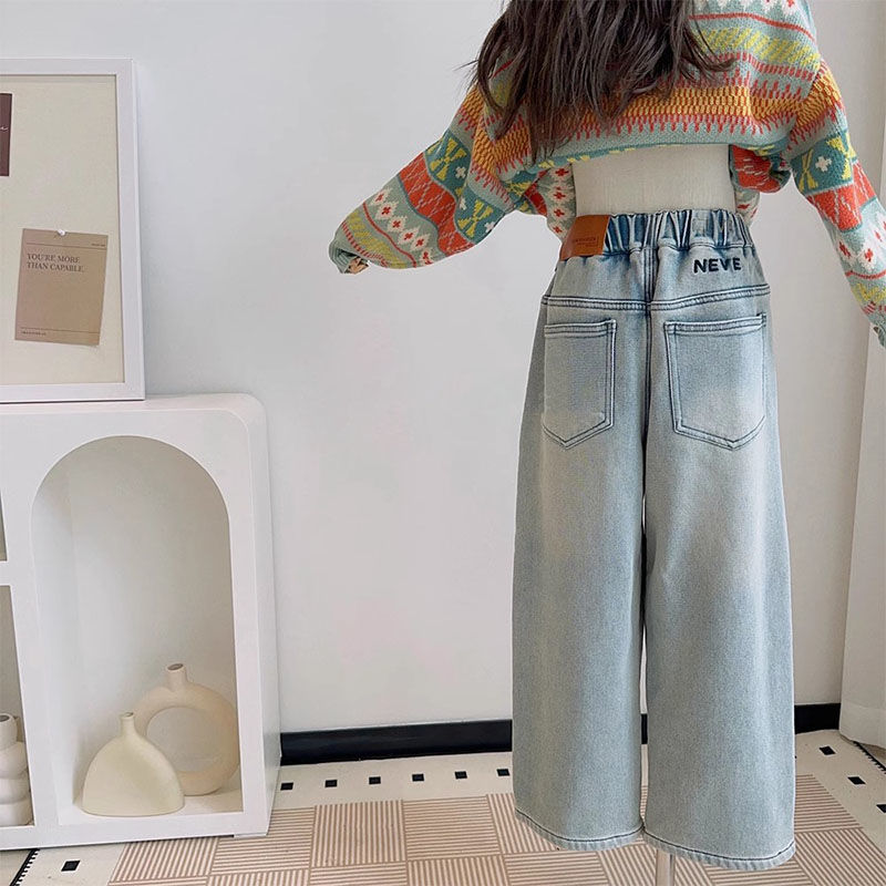 大童女孩春秋季韩版洋气牛仔裤儿童休闲百搭阔腿裤女童百搭宽松裤