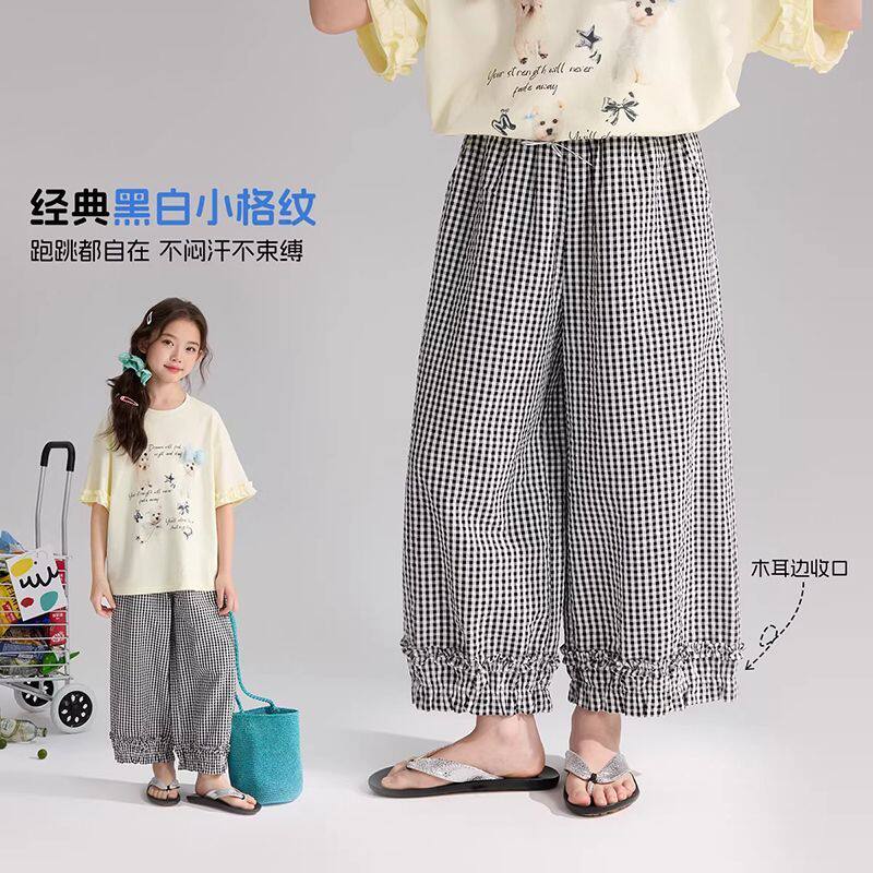 大童女孩夏季薄款木耳边九分裤儿童轻薄透气格子休闲裤女童宽松裤