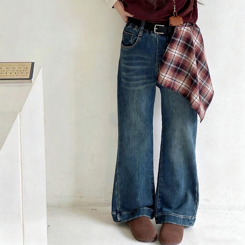 儿童洋气时髦一体绒牛仔喇叭裤女孩春秋冬季大童长裤女童加厚裤子