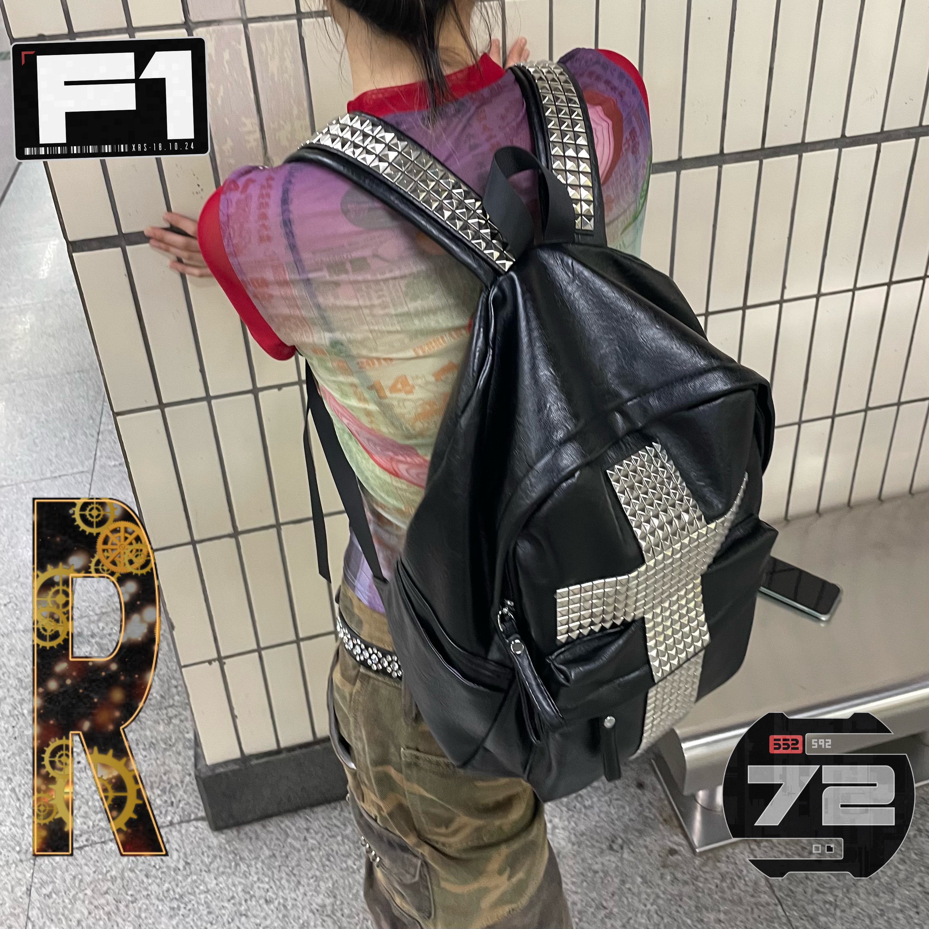 暗黑朋克铆钉十字架双肩包图片