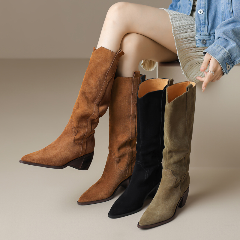 牛翻皮/6.5CM/34-39真皮骑士靴尖头粗跟一脚蹬长靴粗跟高筒靴子