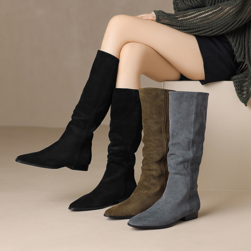 牛翻皮长筒靴平底尖头一脚蹬显瘦及膝靴磨砂皮简约新款高筒骑士靴,女鞋,骑士靴,淘宝优惠券,粉丝福利购,淘宝优惠卷