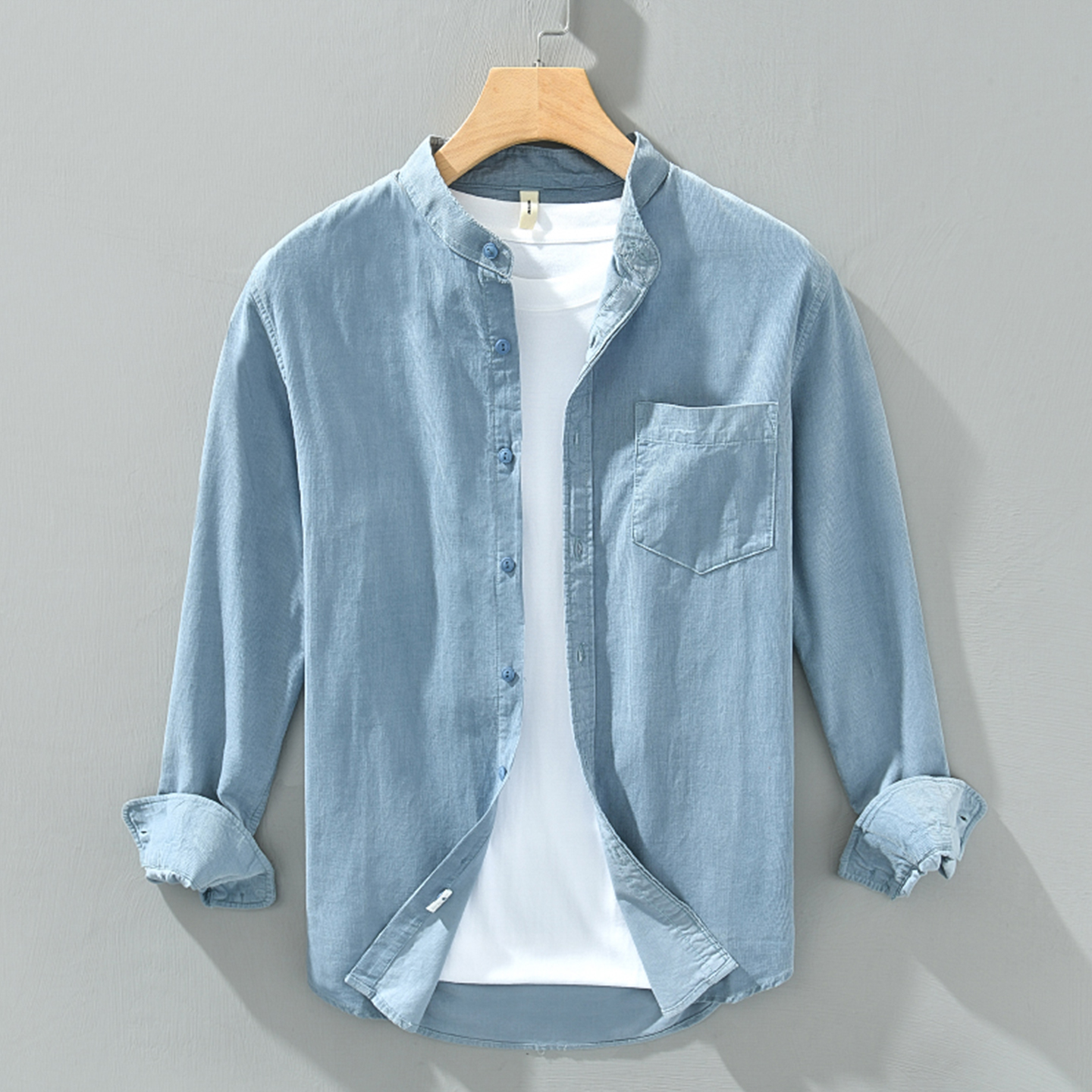 浅蓝色小立领衬衫男长袖纯棉