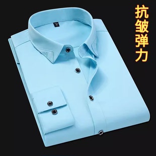 浅蓝色男士衬衫长袖春款高端薄款抗皱村子大码肚子刺绣衬衣配西装