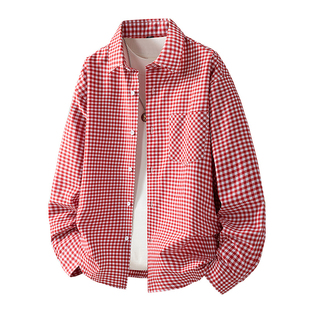 红格子衬衫男高级感痞帅秋季长袖寸美式复古青少年黑色小方格衬衣