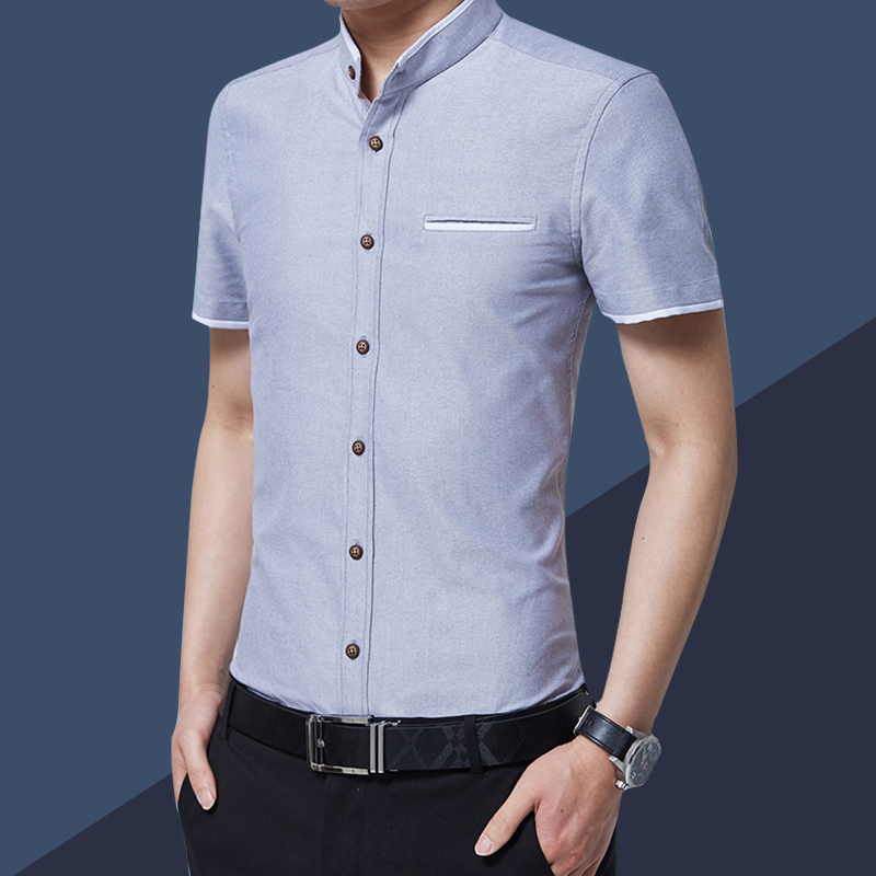 浅灰色中山装衬衫男短袖夏季薄款中华立领圆领无领衫衣中国风衬衣