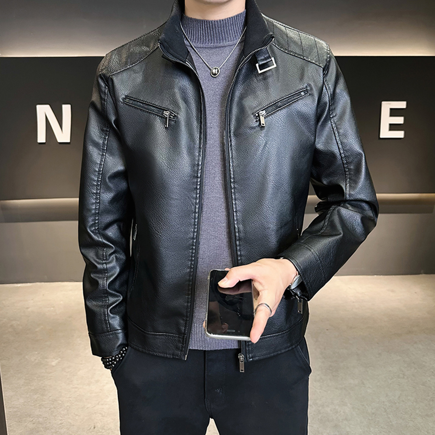 立领机车皮衣男痞帅拉链老钱风摩托车机车2026新款皮夹克外套潮流