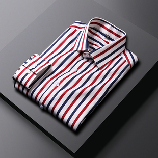 直条纹男士衬衫长袖冰丝春秋款薄款韩版修身休闲村杉抗皱衬衣大码