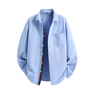 浅蓝色衬衫男长袖春秋季牛津纺村子西装撞色织带休闲有兜纯棉衬衣