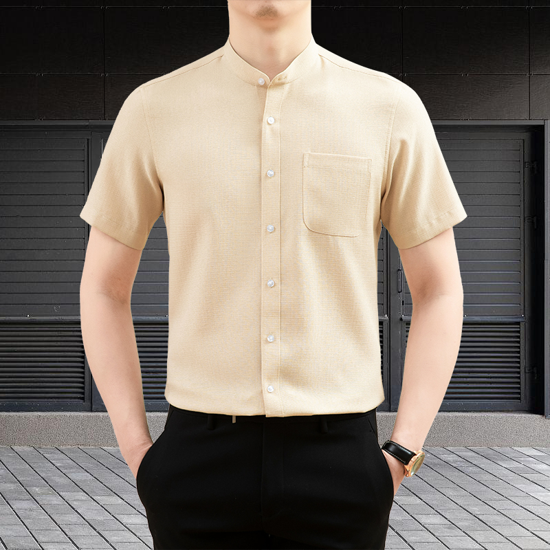 卡其色立领男士衬衫短袖夏季中式