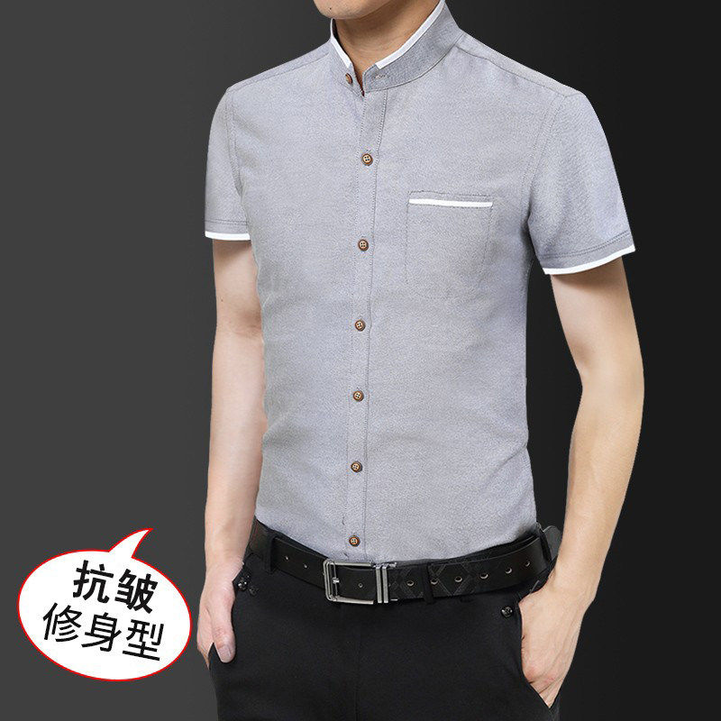新品夏季中华立领衬衫衣男式韩版短袖中国风圆领半袖衬衣休闲村杉