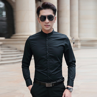 小立领衬衫衣男长袖秋季薄款改良中山装无领直占内穿圆领占领衬衣