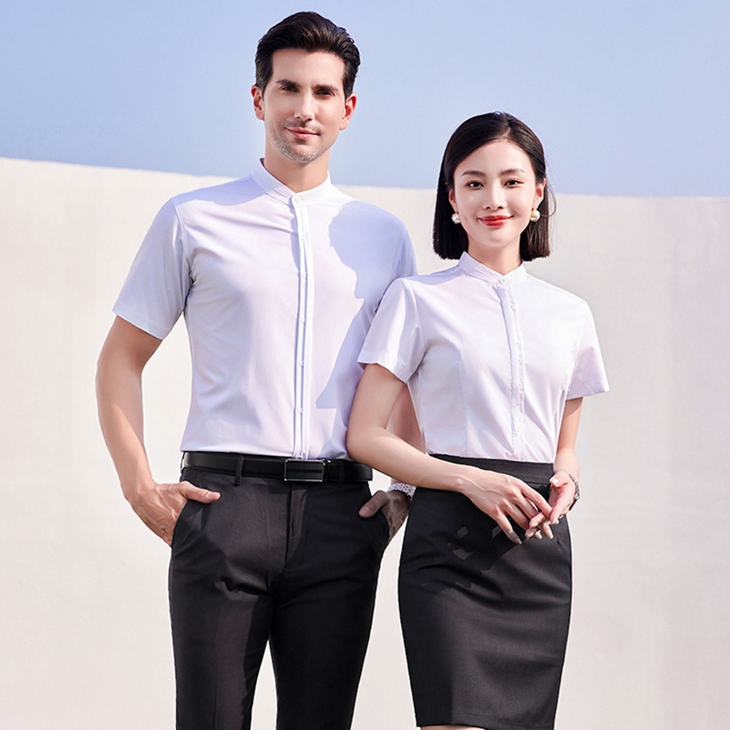 小立领衬衫男女工装制服职业装套装短袖圆领无领商务正装衬衣裤子