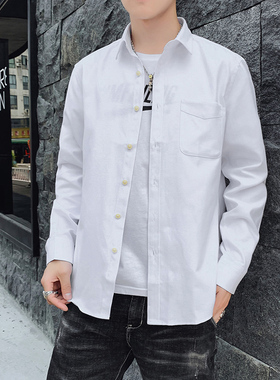 夏天白色休闲衬衫男长袖薄款有口袋商务休闲职业工装村杉衣衬衣土