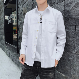 夏天白色休闲衬衫男长袖薄款有口袋商务休闲职业工装村杉衣衬衣土