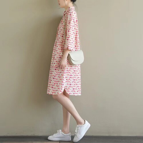 外贸出口日系森女减龄波点连衣裙夏季中长款显瘦气质短袖衬衫裙子