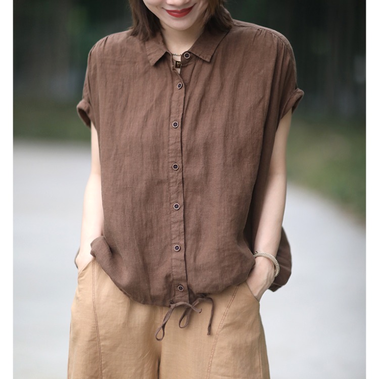 棉麻衬衫女夏季设计感小众下摆抽绳亚麻短袖衬衫休闲通勤百搭上衣