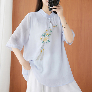 中国风夏季中式女时尚工作服改良旗袍刺绣绣花立领茶艺师服装上衣