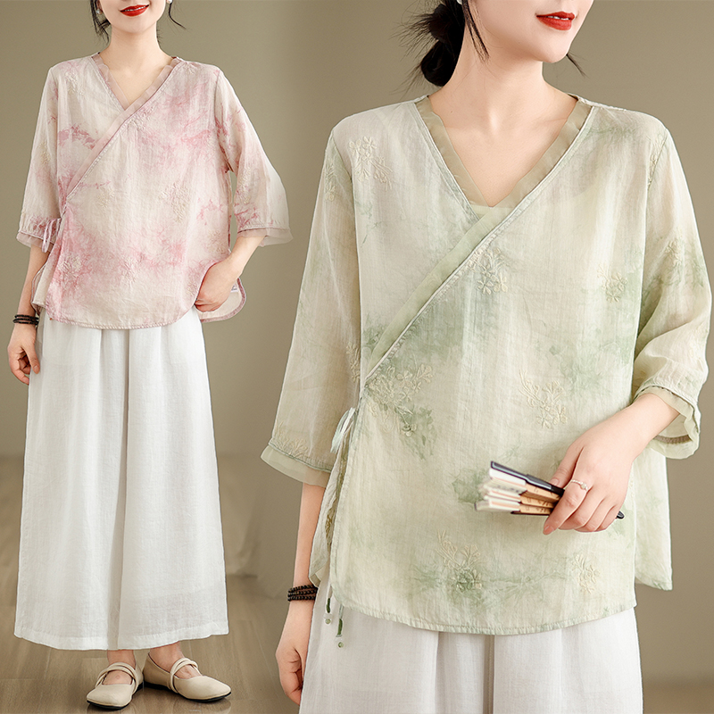 新中式国风上衣女夏季复古斜襟印花七分袖上衣文艺改良汉服小衫潮