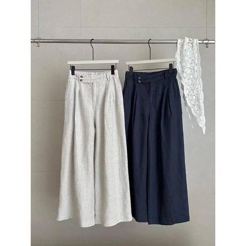 慵懒松弛感亚麻高腰直筒西装阔腿裤女夏季梨形身材显瘦休闲长裤潮