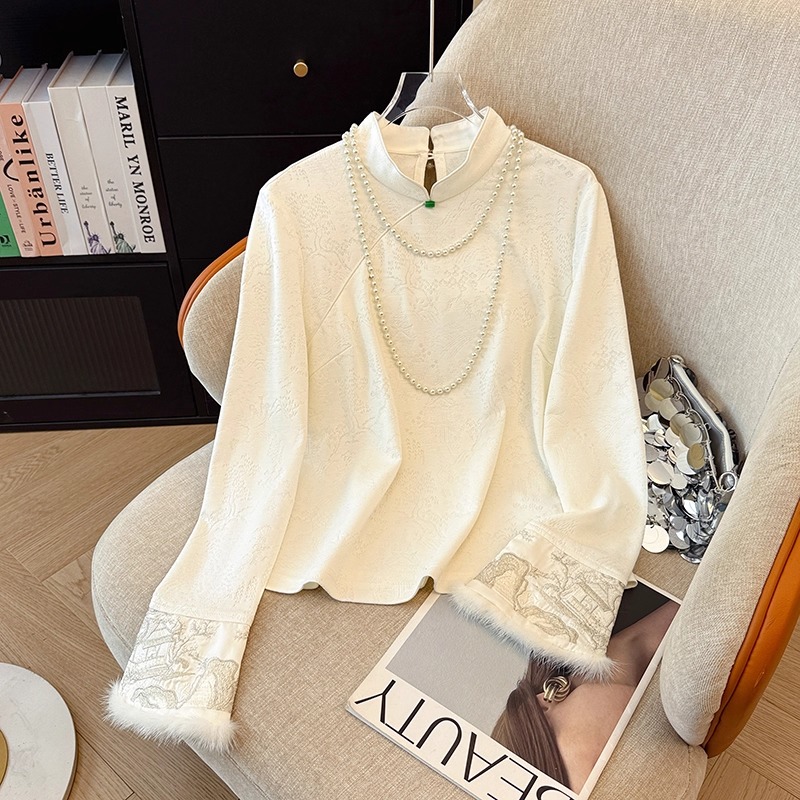 新中式国风立领提花刺绣衬衫女秋装新款配马甲的内搭长袖打底上衣