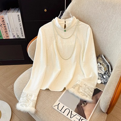 新中式国风立领提花刺绣衬衫女秋装新款配马甲的内搭长袖打底上衣