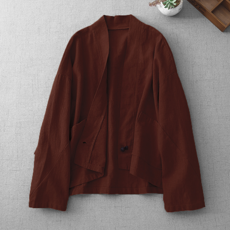 文艺纯色棉麻短外套女春秋新款宽松休闲禅意茶服开衫长袖亚麻上衣