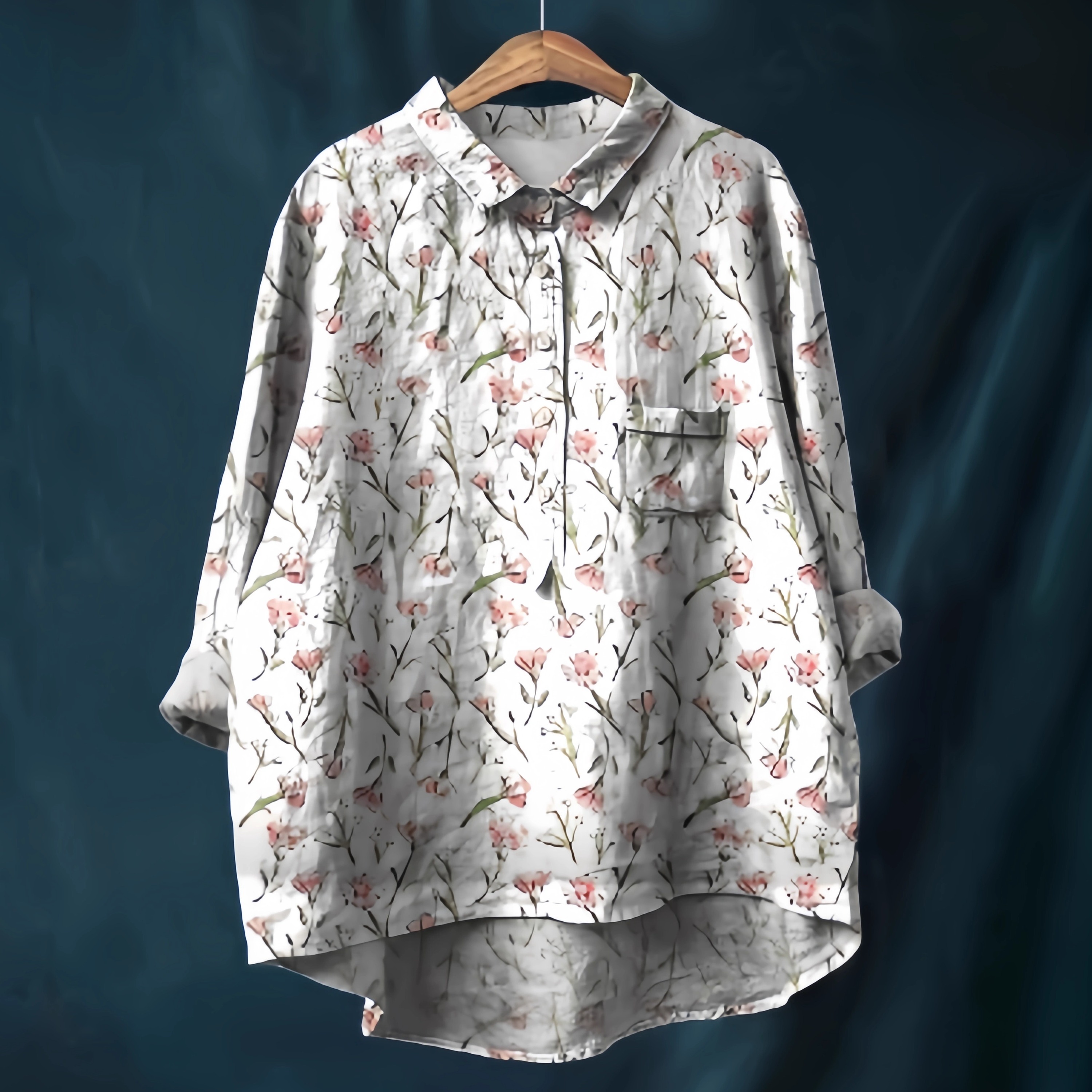 外贸日单复古印花棉麻衬衫女春秋文艺减龄休闲翻领衬衣中长款上衣