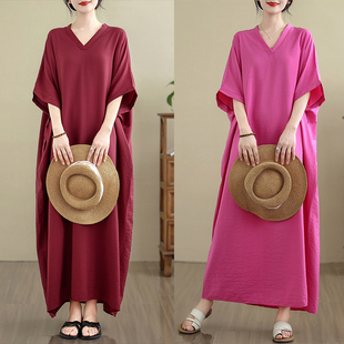 慵懒显瘦度假风V领亚麻长袍子 时尚 宽松棉麻短袖 连衣裙女夏季 大码