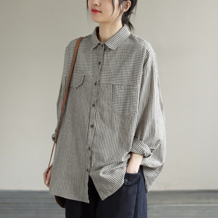 日韩外贸尾单品牌剪标女装条纹棉麻衬衫女长袖亚麻料休闲衬衣上衣