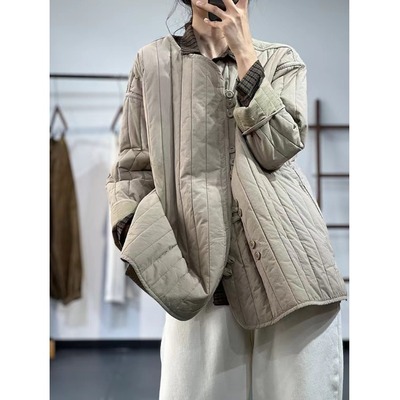 日系轻薄羽绒棉服外套女冬季休闲夹克小棉袄圆领夹棉压格保暖棉服