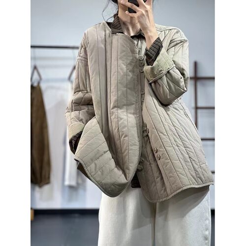 日系轻薄羽绒棉服外套女冬季休闲夹克小棉袄圆领夹棉压格保暖棉服