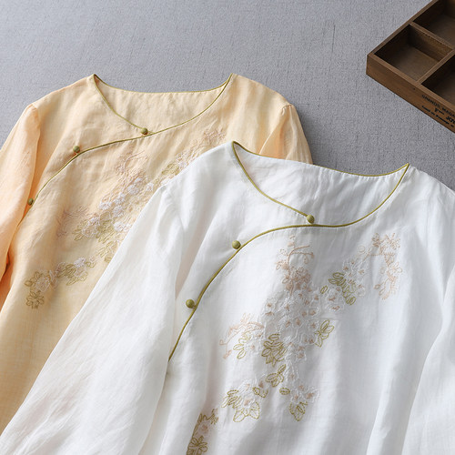 新中式国风斜襟苎麻衬衫女春夏季复古刺绣七分袖小衫改良唐装上衣