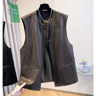 高级感独特别致圆领PU皮马甲坎肩女秋季 通勤百搭叠穿背心外套上衣