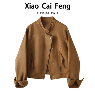 复古美拉德麂皮绒机车外套女秋冬2025高级感小个子夹克开衫 上衣潮