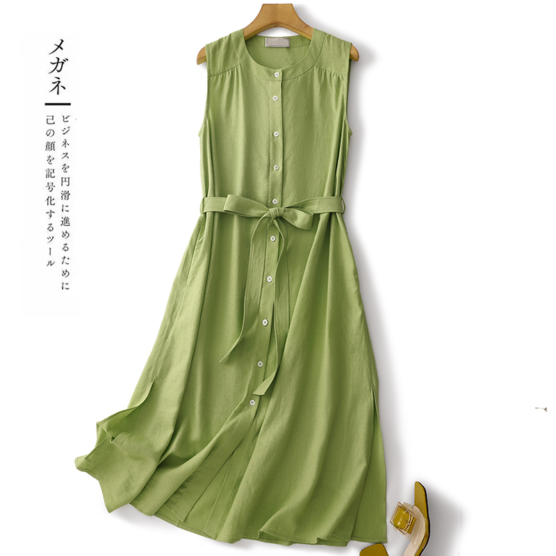 森系绿色无袖衬衫连衣裙女夏季新款度假风亚麻中长款气质背心裙子