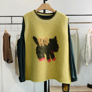 森系复古撞色小狗图案针织衫马甲女秋冬洋气宽松叠穿毛衣坎肩上衣