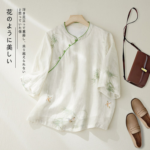 新中式斜襟盘扣棉麻竹子苎麻印花衬衫女夏季高端文艺茶服国风上衣