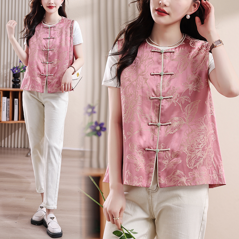 粉色重磅马甲背心女春夏设计感小众复古提花中式国风盘扣坎肩上衣