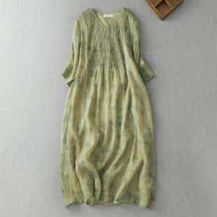 复古印花风琴褶苎麻连衣裙女夏季 国风气质减龄v领大摆长裙 新中式