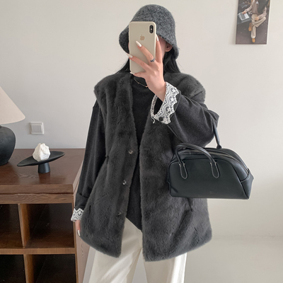 皮毛一体水貂绒马甲外套女秋冬中长款洋气时髦v领叠穿仿皮草大衣