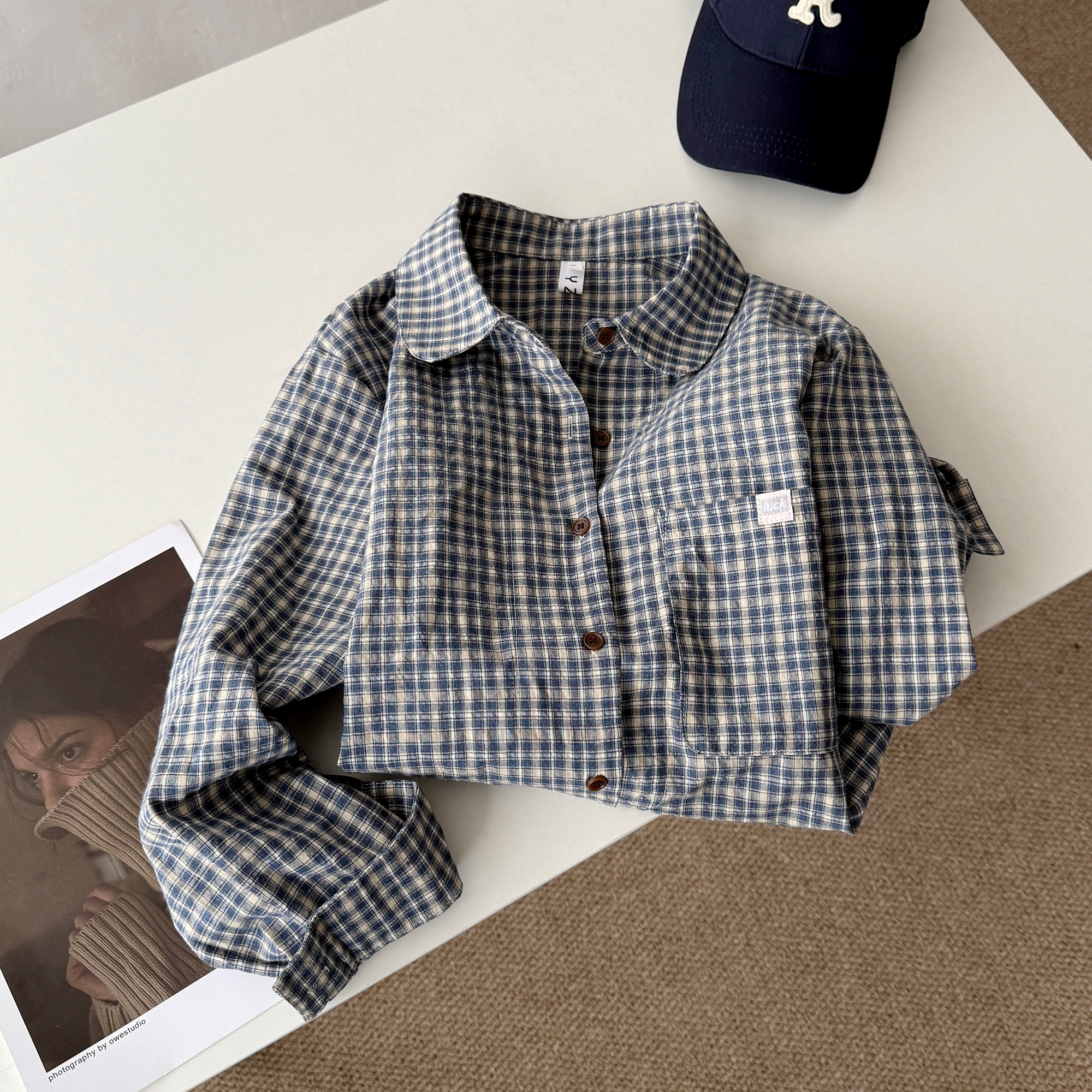 复古格子娃娃领长袖衬衫女