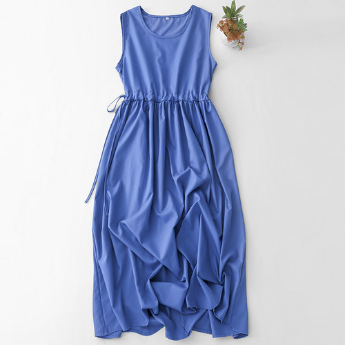 蓝色无袖连衣裙女夏季今年流行漂亮裙子海边度假法式气质大摆长裙