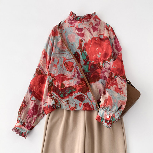 复古印花木耳边棉麻衬衫女春秋文艺大码休闲叠穿打底衬衣百搭上衣