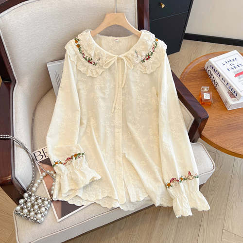 森系独特刺绣娃娃领系带衬衫女春秋新款洋气减龄衬衣百搭长袖上衣