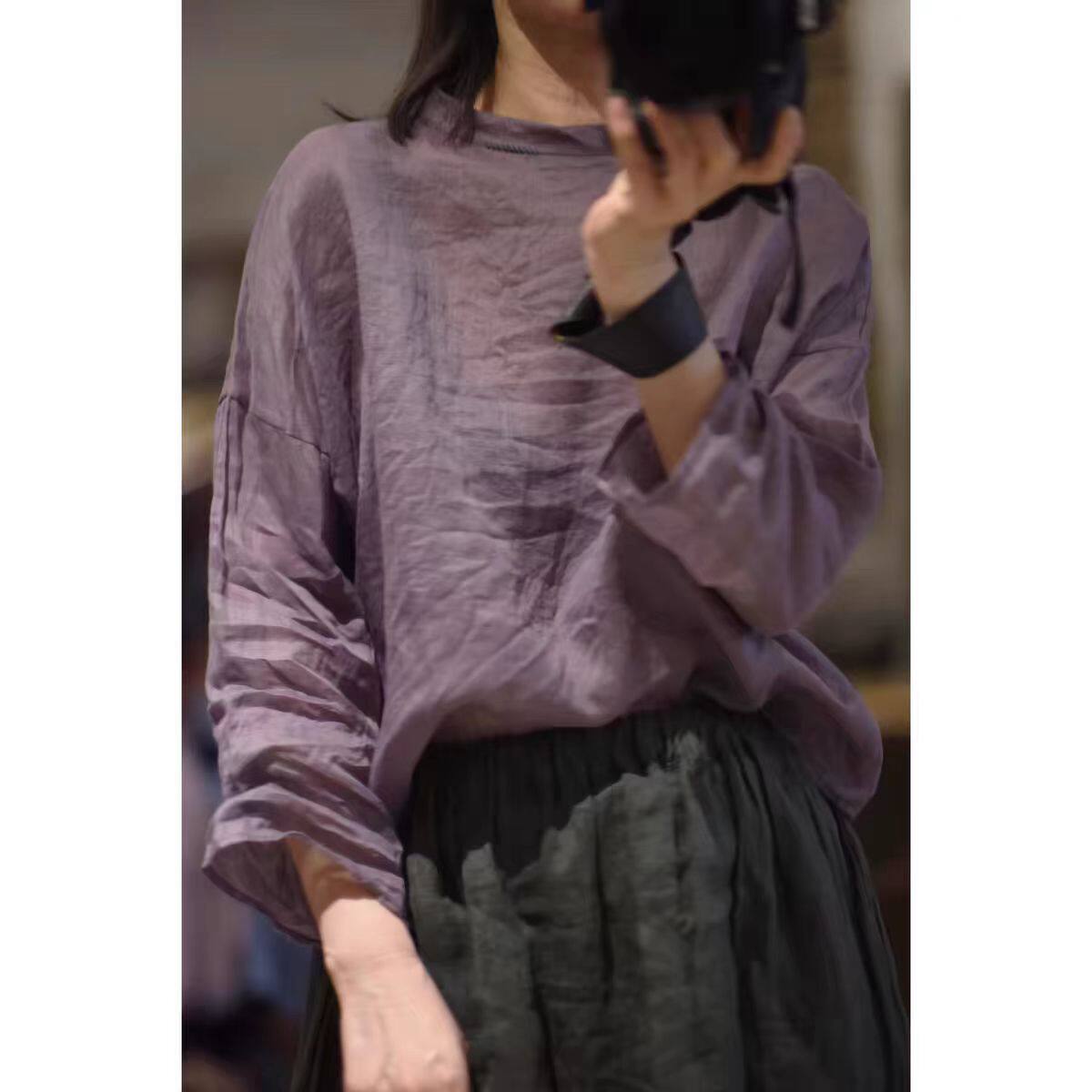 文艺复古亚麻七分袖衬衫女夏季轻薄宽松圆领棉麻防晒罩衫套头上衣