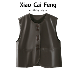 高端欧货pu皮西装 叠穿坎肩外穿圆领马夹上衣潮 马甲背心女春秋时尚